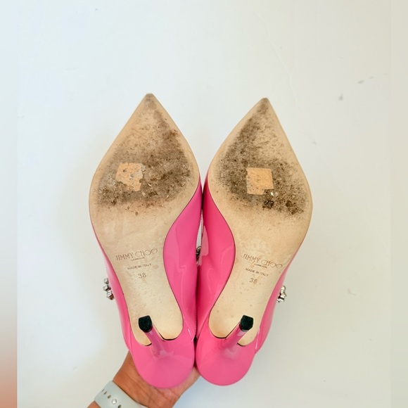 Jimmy Choo Candy Pink Patent Leather Bing 100 Crystal Embellished Mule pumps 38 - Picture 7 of 10